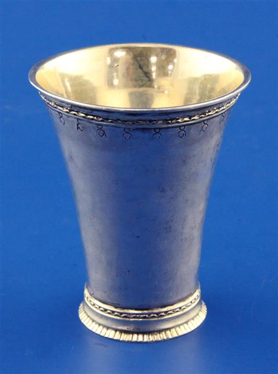 A mid 18th century Swedish parcel gilt silver beaker by Carl Lemon (Lemoine) 1729-1786, Upsala, 65 grams.